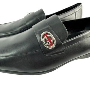 Genuine GUCCI Black Web Logo Leather Loafers For Men size 13 D Made In Italy